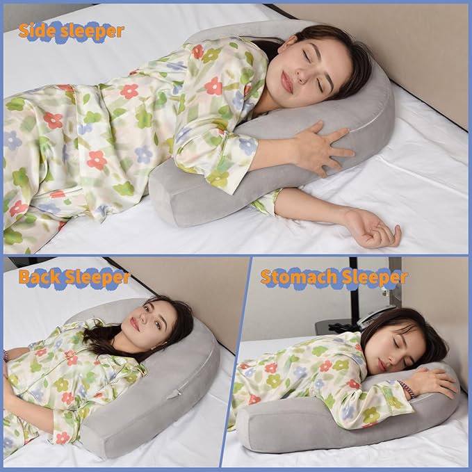 Body Pillow for Side Sleepers with Ear Hole, J & U-Shaped Neck Pillow for Ear Piercing, Relieves Neck, Shoulder & Back Pain, 20x26 Inches with Pillowcase (Grey)