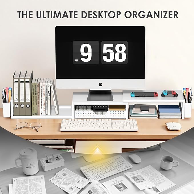 OPNICE White Dual Monitor Stand Riser, Metal Desk Organizers and Accessories with Drawer and 2 Pen Holders, Computer Monitor Stand for Desk