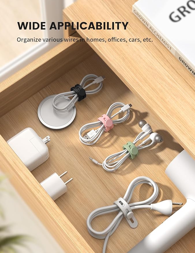 Lamicall 20Pack Silicone Cable Ties Cord Organizer - [4 Adjustable Holes] Multi Color Elastic Reusable Cord Wraps Management, Home Organizer Ties for Phone Charger Electrical Cable, Travel Essentials