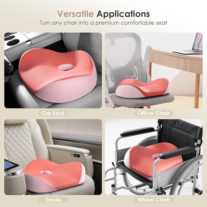FLORICH Car Seat Cushion for Driving, Memory Foam Seat Cushion for Car Office Chair, Ergonomic Office Seat Chair Cushion for Sciatica Pain Relief, Larger Car Seat Cushion for Car - Pink