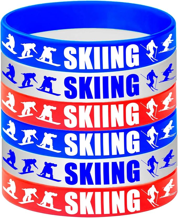 24PCS Skiing Themed Rubber Bracelets Sport Slicone Wristbands Snowboard/Skier Party Supplies Birthday Baby Shower Party Favors
