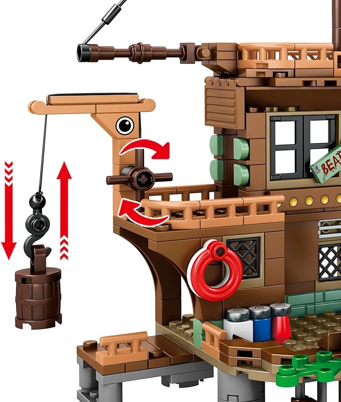 RiceBlock Pirate Ship Building Toys, Pirate Wharf Themed City Store Building Bricks Sets for Boys Age 8-12, 573 Pieces, Ideal for New Year 2024