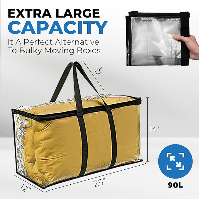 4 Pack Clear Large Moving Bags, Heavy Duty Storage Bags, College Totes, Storage Bins, for Organizing Blankets, Clothing for College, Dorm, Packing, Durable with Zipper and Handle 25x14x12