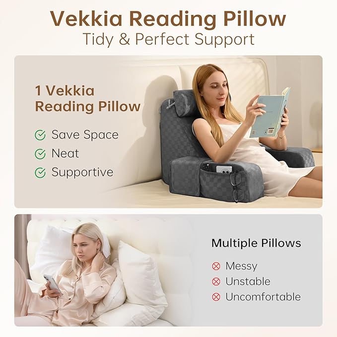 Vekkia Reading Pillow for Adults – Ergonomic 45° Wedge Back Support Chair for Sitting in Bed, XL Side Pockets, Perfect for Working, Gaming, Watching TV, Relaxing, or Recovery, Great Gift Idea, 19”