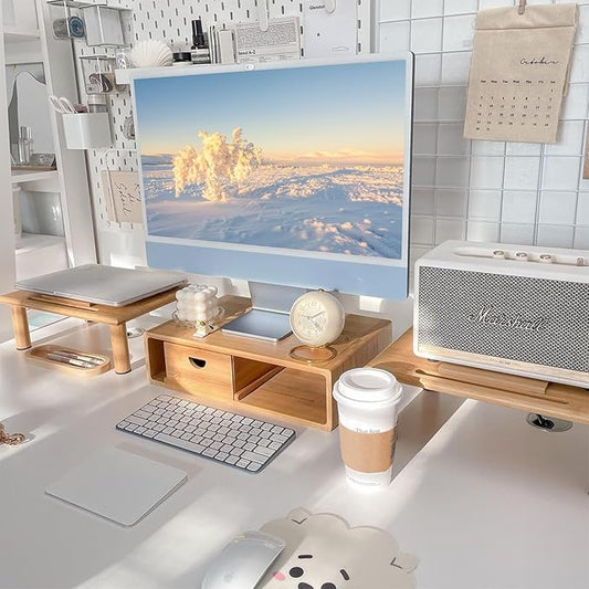 ROCDEER Dual Monitor Stand Riser with Drawer for Desk Laptop Desk Shelf with Adjustable Length and Angle, Bamboo Computer Stand Riser for 2 or 3 Monitors Screen Laptop PC TV -Natural