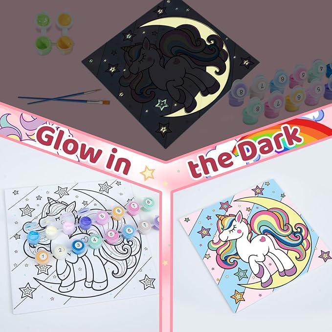 6 Pack Unicorn Paint by Numbers for Kids - Glow in The Dark Predrawn Canvas, Arts and Crafts with 50 Paints,12 Brushes 2 Easels, DIY Acrylic Oil Painting Kits for Boys Girls Beginners, Home Wall Decor