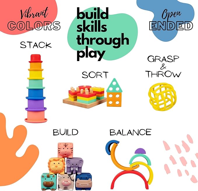 Mac & Friends 5-in-1 Montessori Toy Set Designed by Parents | Great Gift for Baby Shower, New Sibling or Birthday Party | Educational Soft Sensory Toys for 0 Months to 3+ Years