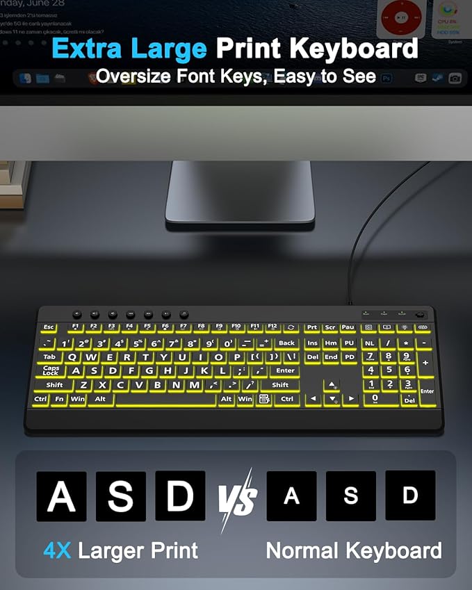 EDJO Large Print Backlit Wired Keyboard, Light Up USB Keyboard with 7-Colors Backlight, Oversize Letters Keys Full Size Computer Keyboard Compatible for Windows, Laptop, PC
