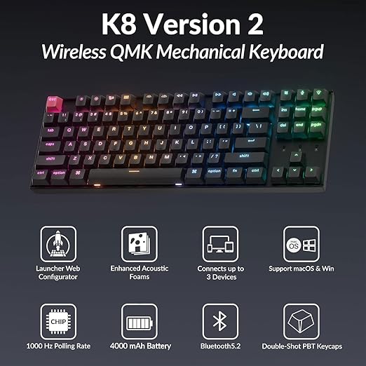 Keychron K8 Version 2 TKL Custom Wireless Mechanical Keyboard, QMK Programmable Bluetooth 5.2/Wired, RGB Backlit with Shine-Through PBT Keycaps, Super Banana Switch for Mac Windows Linux