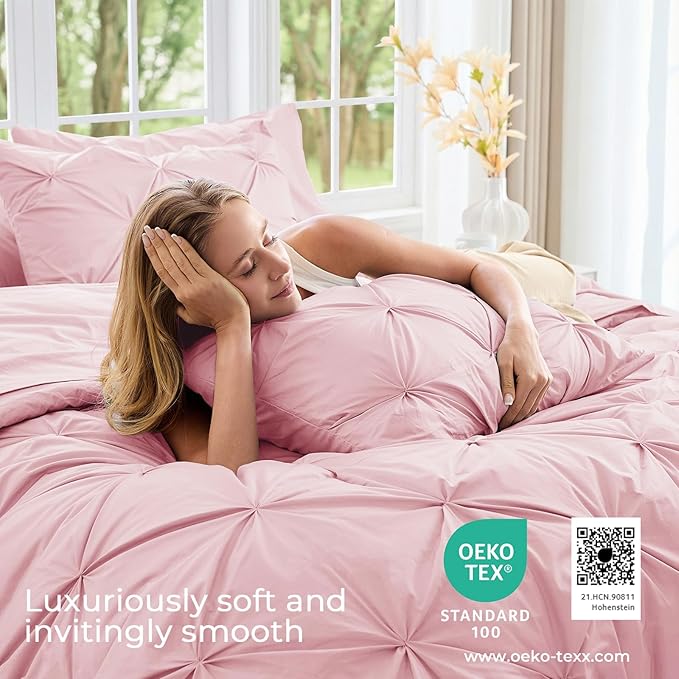Sasttie Full Size Comforter Set, 7-Piece Bed in a Bag, Pintuck Bedding Set for All Season, Includes Comforter, Flat Sheet, Fitted Sheet, Pillowcases and Pillowshams, Baby Pink