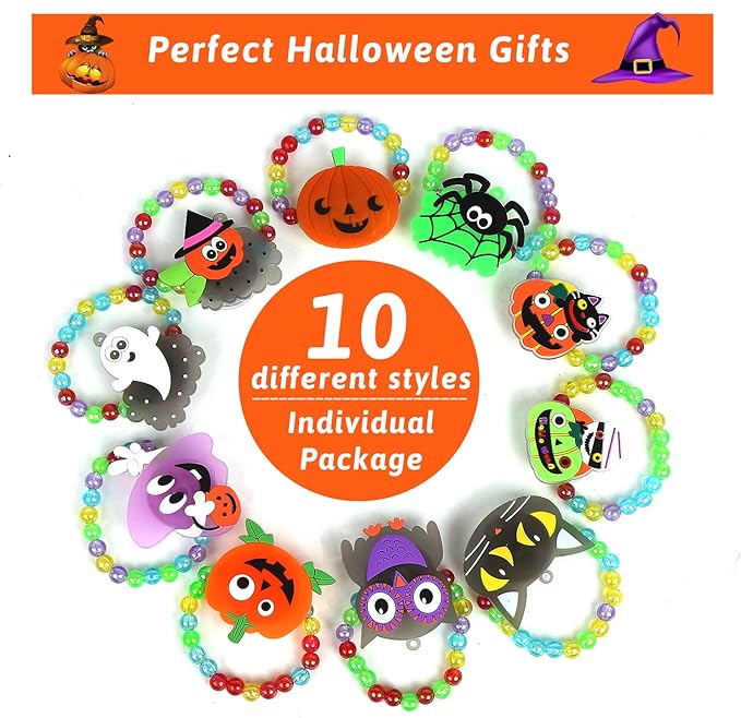 CCINEE 10pcs Halloween Led Bracelets, Light Up Toys Beaded Flashing for Non Candy Treats Halloween Party Favors Halloween Toys Kids Goody Bag Fillers Glow in the Dark Party Supplies(10 Styles)