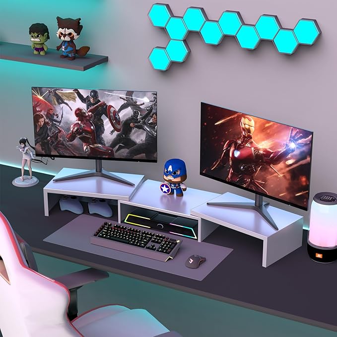 OUTIOE Dual Monitor Stand for Desk, Metal Computer Stand, Desk Shelf Riser,Desktop Organizer for Home and Office Use (White)