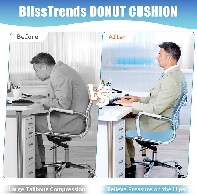 BlissTrends Donut Pillow Seat Cushion, Chair Cushions for Postpartum Pregnancy & Hemorrhoids, Tailbone Pain Relief Cushion, Memory Foam Lifting Cushions for Office&Home Chairs (Light Blue, XX-Large)