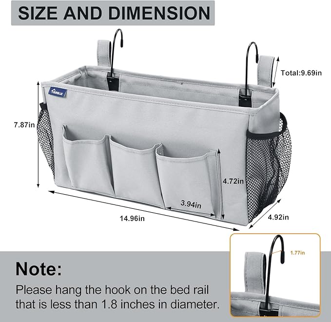 Surblue Bedside Organizer with Hook Bedside Caddy Hanging Storage Bag with Adjustable Straps and Water Bottle Holder for Home College Dorm Bunk Bed Accessories, Crib Bed, Hospital Bed,Lightgrey,2PCS