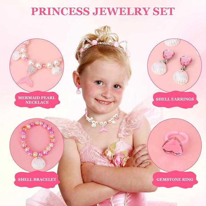 Girl Princess Necklace Bracelet Set, Sea Shell Pearl Earrings and Ring, Pretend Play and Dress up Jewelry Mermaid Style Play Accessories for Birthday Gifts Cosplay, Halloween, Christmas