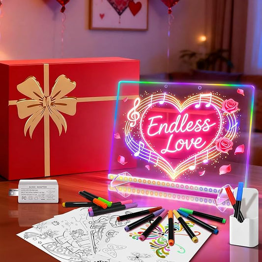 LED Note Board with 8 Colors 6 Modes -13.7"X10" Acrylic Dry Erase Board, Led Drawing Board Includes Adapter, 14 Markers, Tracing Paper, Sketching Gifts for Kids/Girls/Teens