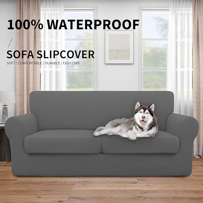 Easy-Going 100% Dual Waterproof Oversized Loveseat Cover Stretch Soft Couch Cover for Dogs, Sofa Slipcover for 2 Separate Cushion Couch Leakproof Furniture Protector for Kids, Pets Gray