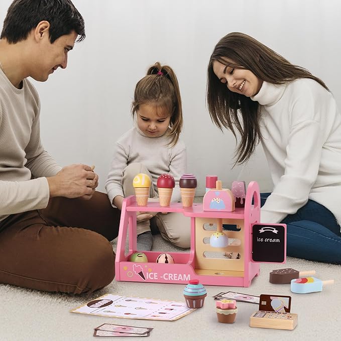 GAGAKU Wooden Ice Cream Play Set for Kids Pretend Play Food Wooden Ice Cream Set Shop Play Kitchen Accessories with Menu and Cash Role Play Toys Gifts for Toddler 3 4 5 6 7 8 Years Old Girls and Boys