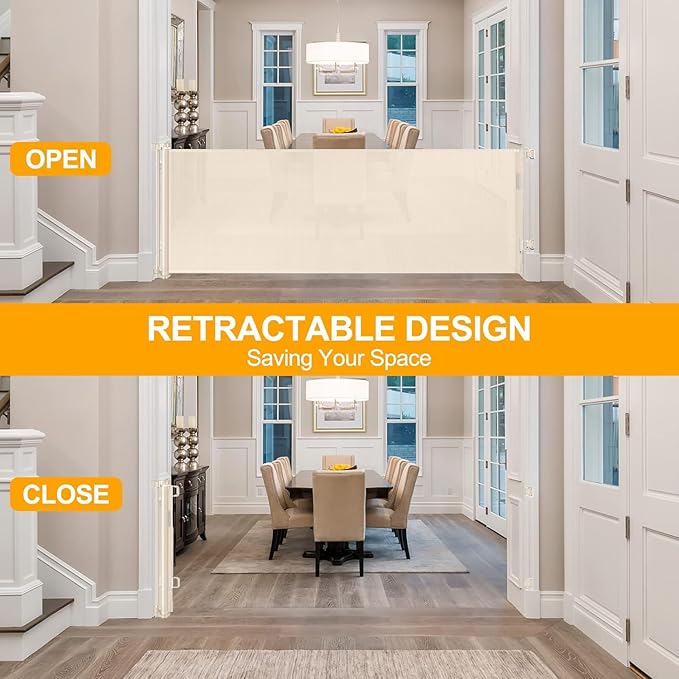 140 Inch Extra Wide Baby Gate Retractable Dog Gates for The House Extra Wide Dog Gates Extra Long Baby Gates Extra Large Dog Gates for Large Openings Outdoor Indoor Retractable Baby Gates (Beige)