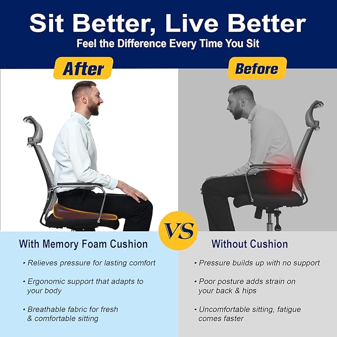 kingphenix Car Seat Cushion – Memory Foam Pad for Driving Comfort – Boosts Height and Relieves Coccyx & Lower Back Pain – Car, Truck, Office Chair (Leather & 4D Mesh Brown)