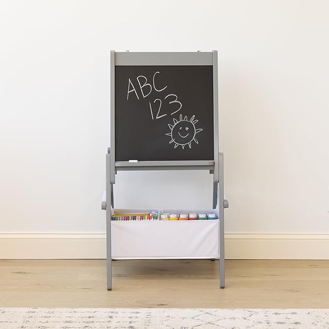 Humble Crew Inspire Kids Chalkboard and Dry Erase Easel with Storage Bins, 1 Paper Roll, 2pc Chalk, and Eraser, Grey