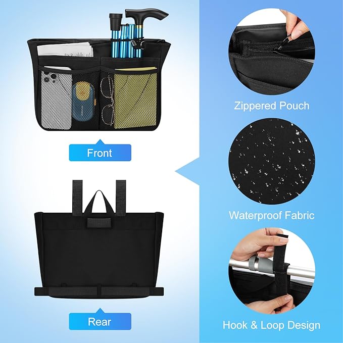 supregear Wheelchair Side Bag, Waterproof Storage Pouch for Rollator, Walkers, Power Wheelchairs and Knee Scooters - Wheelchair Armrest Bag for Elderly Seniors Portable Travel Tote