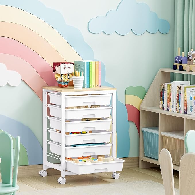 Rolling Storage Utility Cart with 6 Drawers and Wooden Tabletop for Under Desk Storage,White