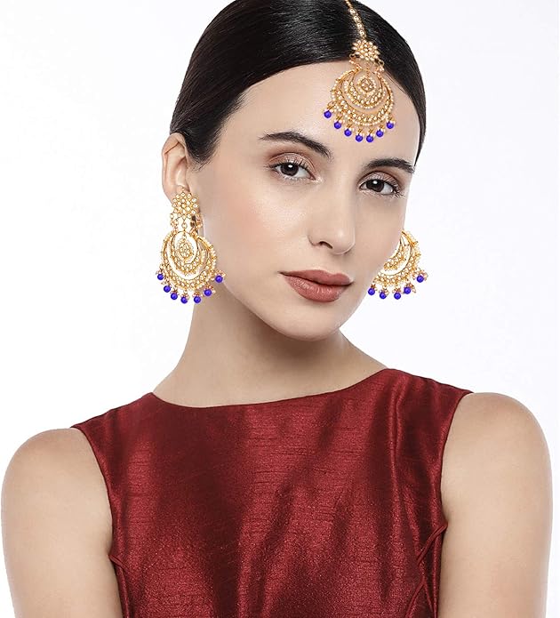 Aheli Bollywood Ethnic Chandbali Style Big Earrings Maang Tikka Set Traditional Fashion Jewelry Gift for Women