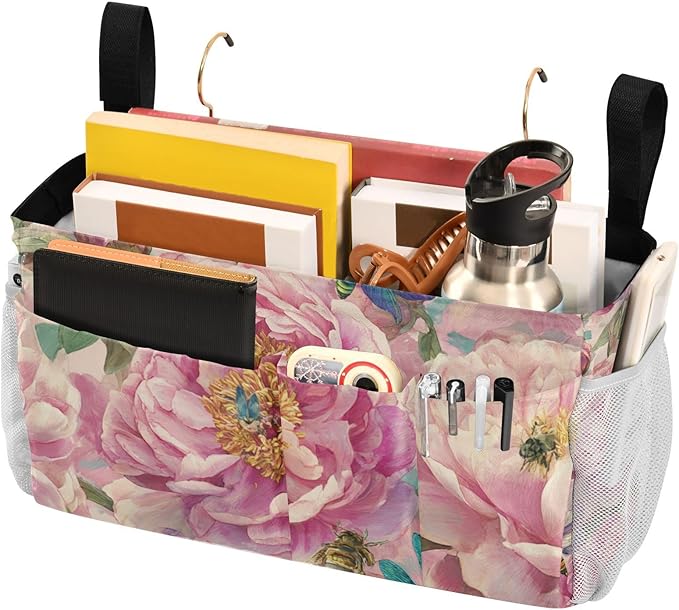 Pink Peony Bee Dragonfly Bedside Caddy for Dorm Bed Bedside Hanging Caddy Bag Iron Frame Storage Organizer Pocket for Bunk Home College Hospital Beds 2 Hooks