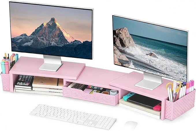 Spacrea Metal Desk Organizers and Accessories, Dual Monitor Stand Riser with Drawer and 2 Pen Holders, Desk Accessories & Workspace Desktop Organizers for Office Supplies (Pink)