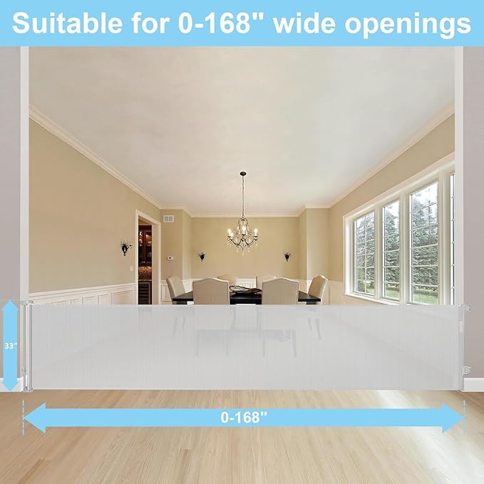 168 Inch Baby Gates Extra Wide Retractable Dog Gate Extra Wide Baby Gates for Large Openings Extra Long Dog Gate Retractable Gate Outdoor Indoor Retractable Pet Gate Extra Long Baby Gate (Light Gray)