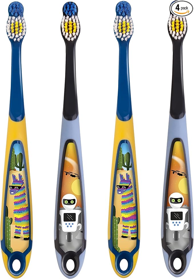 Jordan* Step 3 Kids Toothbrush, 6-9 Years, Soft Bristles, BPA Free - 4 Pack - Blue & Green