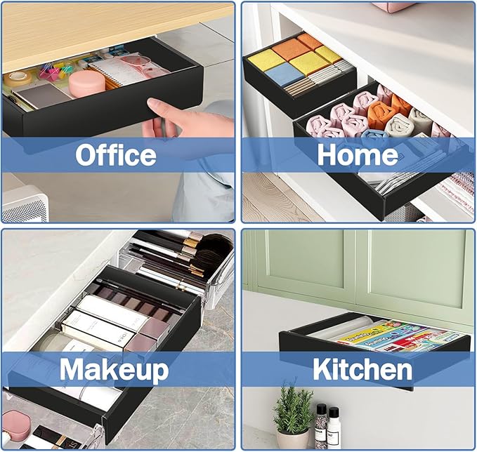 Under Desk Table Drawer Storage Organizer,3 Pack Large & Medium & Small Slide Out Desk Drawers - Hidden Desktop Organizer,Adhesive Storage Pencil Tray Under Table(BLACK/LMS)