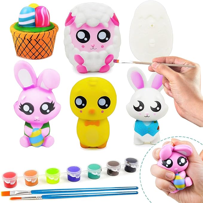 JOYIN 6 Pcs Easter Squishy Toy Coloring Craft Kit Easter DIY Paint Your Own Squishy Toy Kit Animal Character Including Paints and Brushes for Egg Hunt, Basket Stuffer, Party Favors