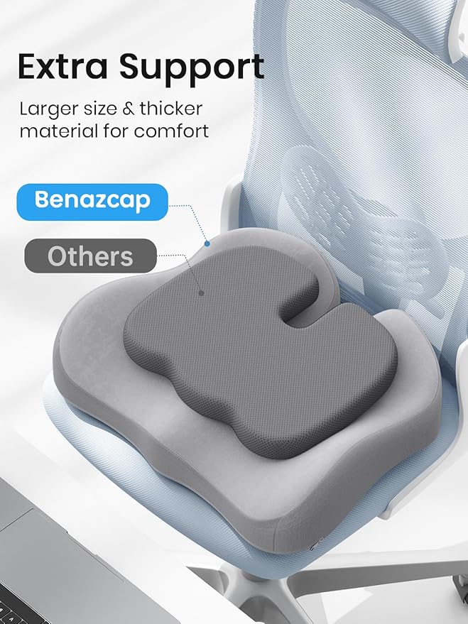 Benazcap Seat Cushion - Memory Foam Car Seat Pad - Sciatica & Lower Back Pain Relief - Car Seat Cushions for Driving - Road Trip Essentials for Drivers, Grey