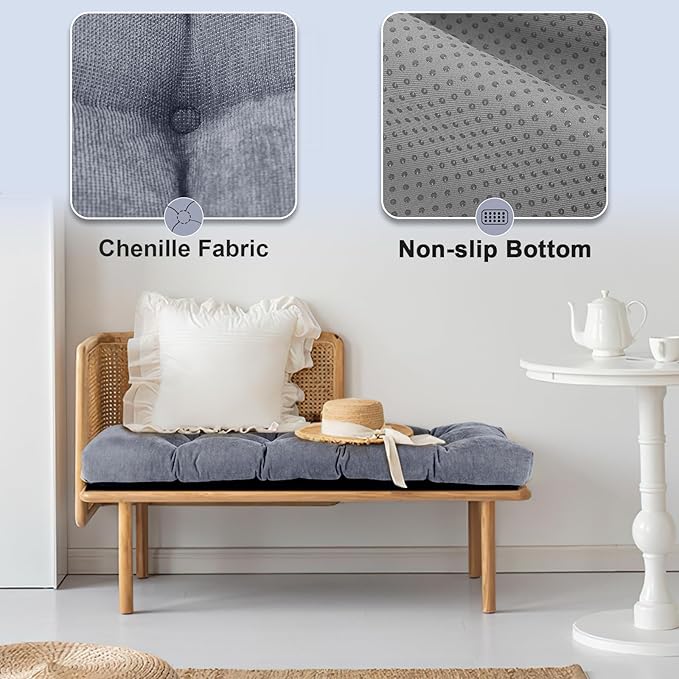 Bench Cushion 36 Inch - Chenille Fabric, High-Density Foam, Non-Slip Bottom, Soft Durable Indoor Tufted Long Seat Cushion for Window Garden Furniture (Light Gray, 36x14x4 Inch)