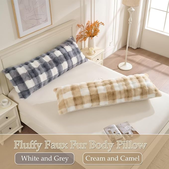Luxury Shaggy Faux Fur Body Pillow,Fluffy Bed Pillow with Zipper Closure,Soft Decorative Plush Full Long Pillows,Fuzzy Hug Pillow for Living Room Side Sleeper & Pregnancy 20"x54" White and Grey