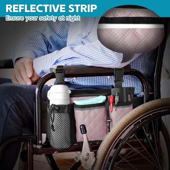 Wheelchair Bag with Cup Holder, Wheelchair Accessories Armrest Side Bag Multi Pockets Pouch for Electric Wheelchairs, Walker, Rollators & Mobility Scooters, Adults, Seniors, Pink