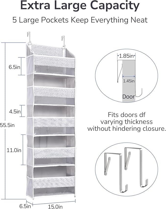 ULG 1 Pack Over Door Organizer with 5 Large Pockets 10 Mesh Side Pockets, Upgraded Linen Texture Over The Door Storage, 44 lbs Weight Capacity Hanging Storage Organizer, Light Gray