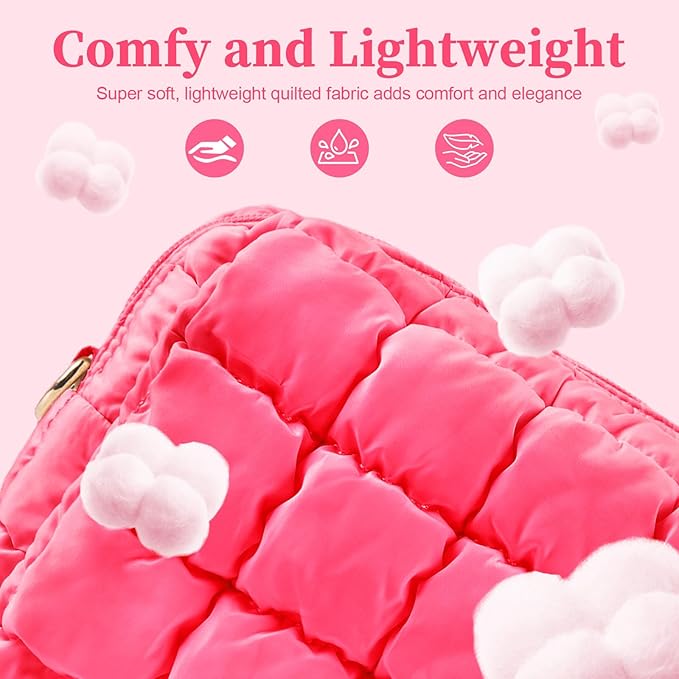 Puffer Quilted Makeup Bag Cosmetic Bags,Puffy Travel Toiletry Pouch for Women,Cute Checkered Zipper Bag Travel Essential,Portable Aesthetic Make up Organizer Bag for Gifts Work Daily(RoseRed,M)
