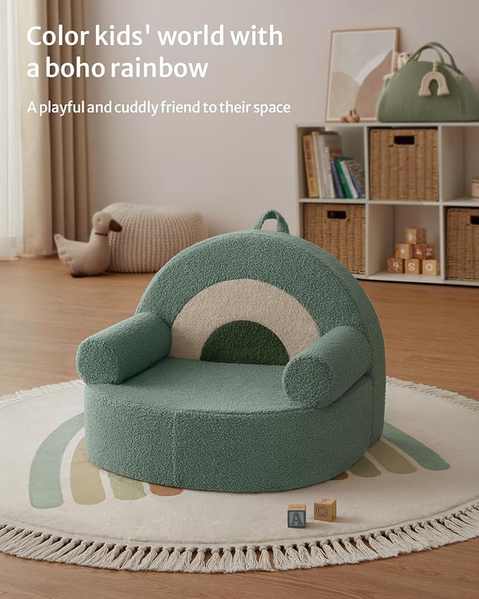 Blissful Diary Toddler Chair Comfy, Foam Kids Chair with Soft Teddy Plush, Toddler Reading Armchair with Cute Rainbow Designs- Sage Green