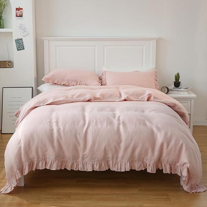 Simple&Opulence 100% Linen Duvet Cover Set, 3 PCS Natural French Flax Blush Pink Ruffle Duvet Cover Full Size, Breathable Comfy Linen Bedding Comforter Cover with 2 Pillowcases (Blush Pink, 78" X 86")