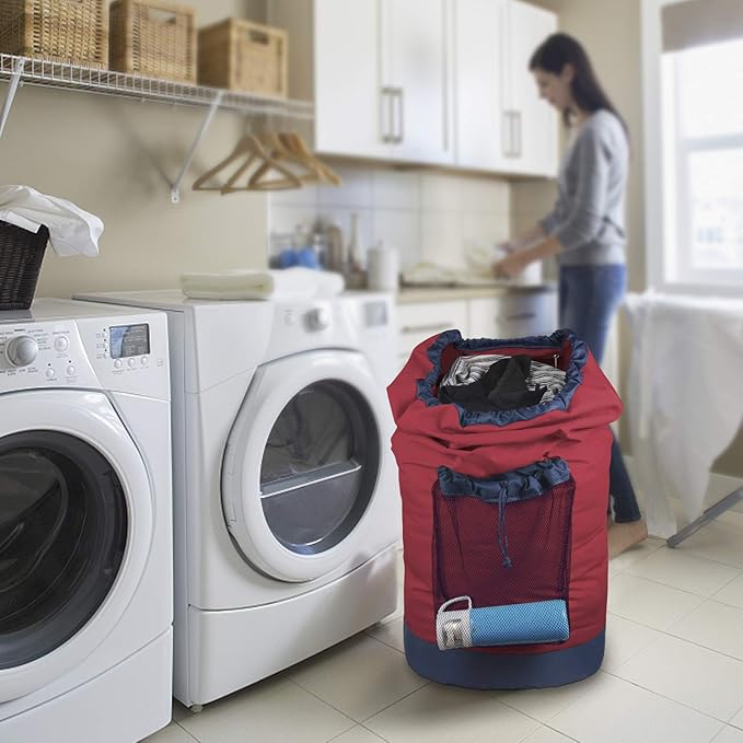 Dalykate Backpack Laundry Bag, Laundry Backpack with Shoulder Straps and Mesh Pocket Durable Nylon Clothes Hamper Bag with Drawstring Closure Red