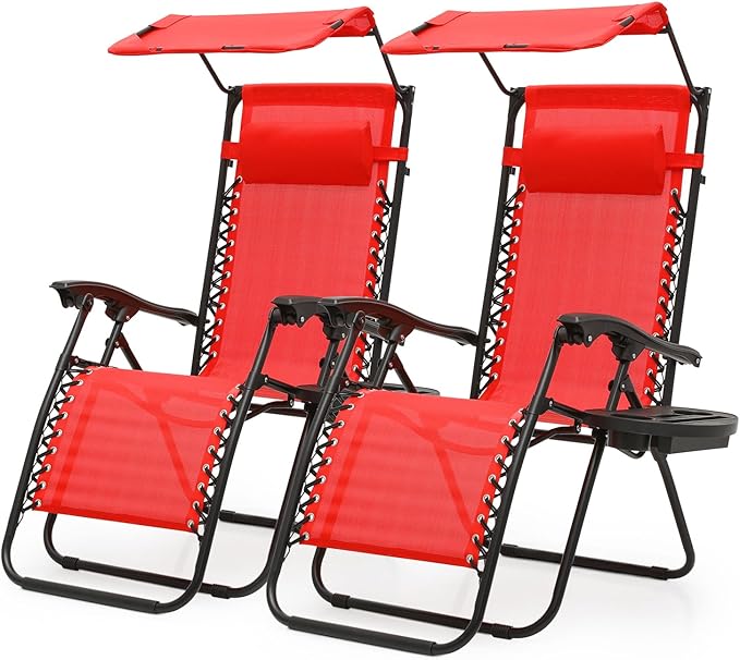 Athena Collection Zero Gravity Outdoor Lounge Chair Set of 2 with Canopy Shade, 25" Width Pool Lounge Lawn Chairs Reclining with Cup Holder, Outdoor Chaise for Beach Patio Outside, Red