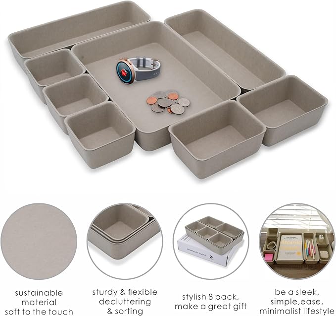 Welaxy Desk Drawer organizer trays Felt storage bin Sleek Minimalist Lifestyle chic aesthetics room décor for home office dorm closet decluttering 8-piece (Stone)