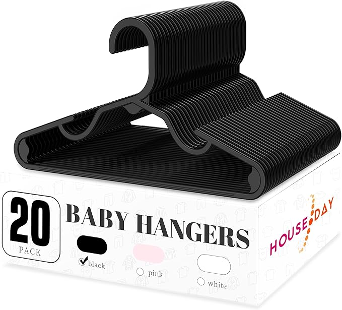HOUSE DAY Plastic Baby Hangers for Closet 20 Pack, Durable Plastic Kids Hangers for Baby Clothes, Thin & Compact Childrens Hangers, Space Saving Black Baby Hangers, Small Hangers for Kids Clothes