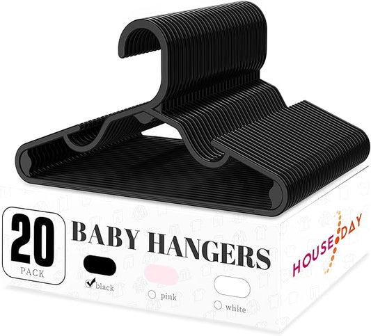 HOUSE DAY Plastic Baby Hangers for Closet 20 Pack, Durable Plastic Kids Hangers for Baby Clothes, Thin & Compact Childrens Hangers, Space Saving Black Baby Hangers, Small Hangers for Kids Clothes