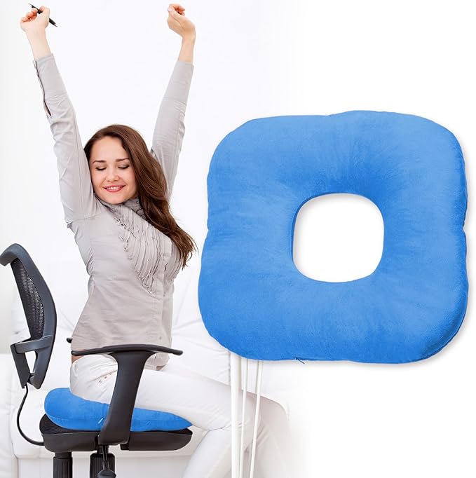 Stuffed Donut Pillow Seat Cushion | for Tailbone and Coccyx Pain, Hemorrhoids, Bed Sores, Pregnancy, Prostate, Surgery Recovery, Sitting Pressure Relief, for Home, Office and Car (Blue)