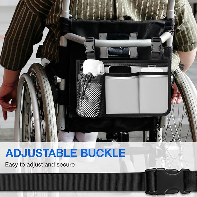 Wheelchair Bag, Walker Bag, Armrest Organizer Pouch with Cup Holder Attachment and Reflective Strip, Accessories for Most Wheelchairs, Walkers, Rollators (Grey)