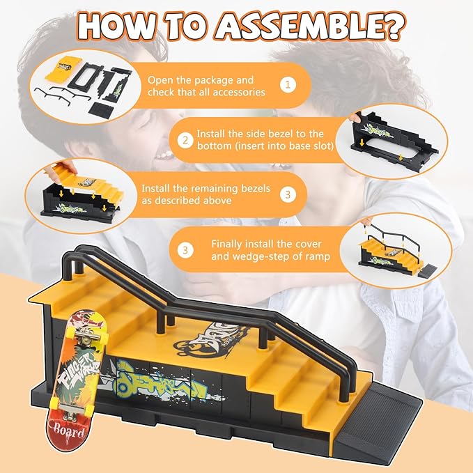 Finger Skateboard Ramps Set, 6-in-1 Bigger Fingerboard Skatepark Skate Park Kit Training Props with 6 Finger Skateboard 6 Finger Deck & Display Holder Finger Skate Toys for Kids & Adults Gifts